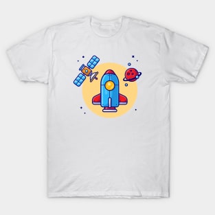 Space Shuttle Flying with Planet and Satellite Space Cartoon Vector Icon Illustration T-Shirt